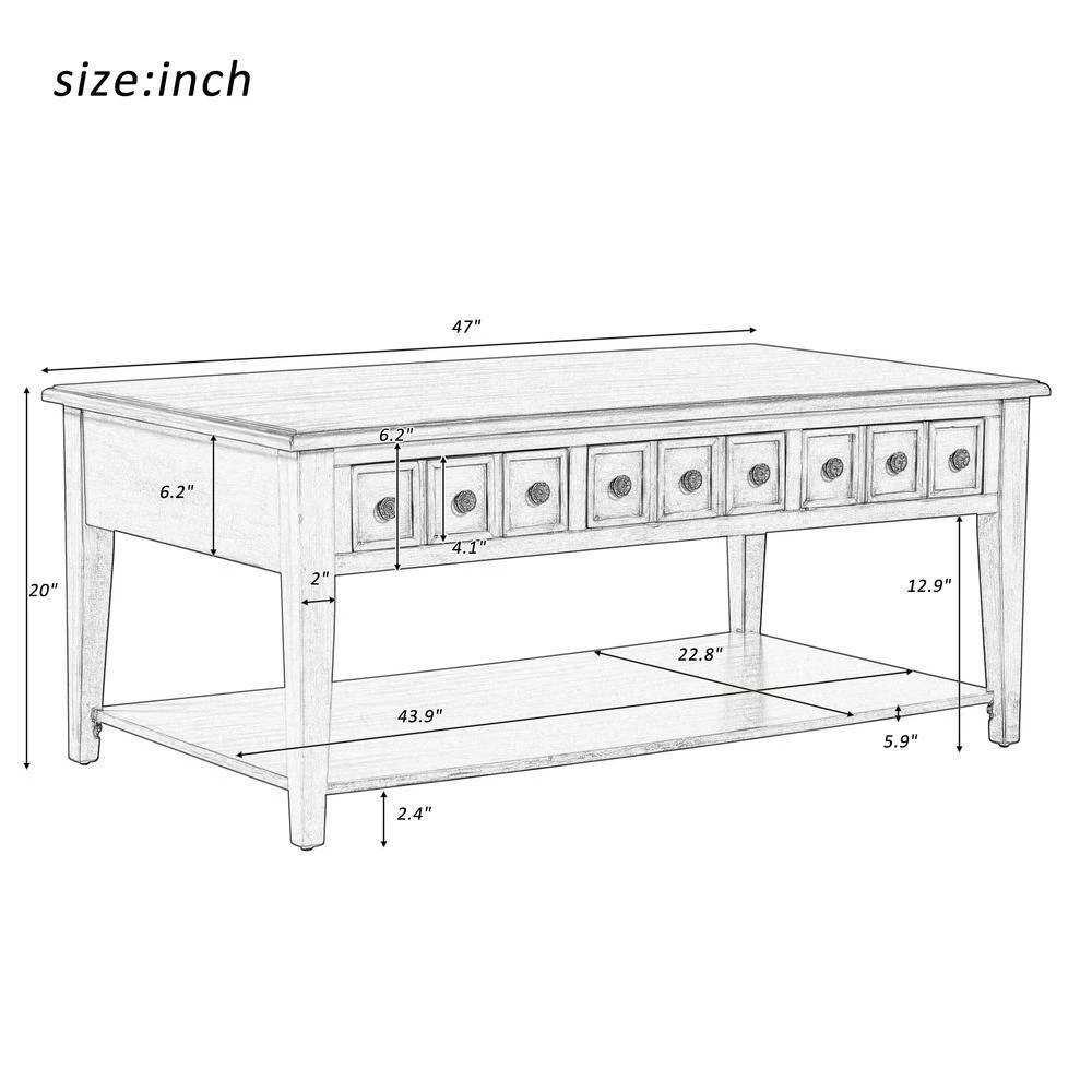 47.00 in. Antique Brown Rectangle Wood Coffee Table With 3 drawers for Living room by Polibi 5 47.00 in. Antique Brown Rectangle Wood Coffee Table With 3 drawers for Living room by Polibi - Image 3