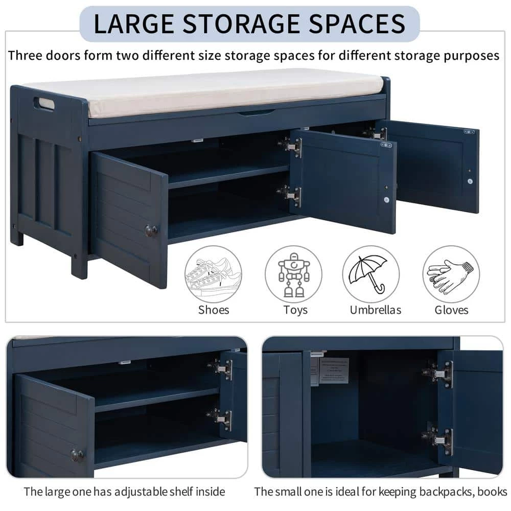 Antique Navy Storage Bench with Removable Cushion and 3 Shutter-shaped Doors by Polibi 7 Antique Navy Storage Bench with Removable Cushion and 3 Shutter-shaped Doors by Polibi - Image 5