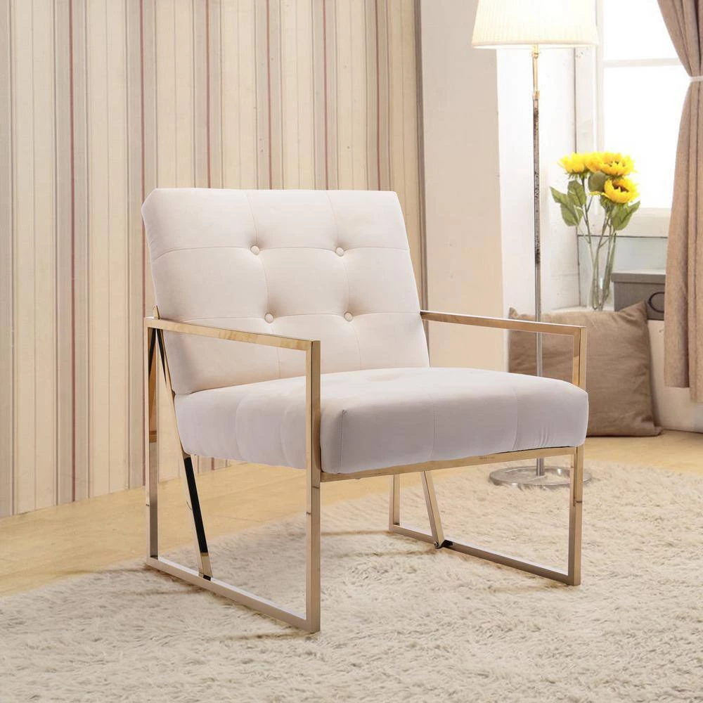 Modern Style Turfted Velvet Beige Home Office Armchair Golden Metal Living Room Chair by sumyeg 4 Modern Style Turfted Velvet Beige Home Office Armchair Golden Metal Living Room Chair by sumyeg - Image 2
