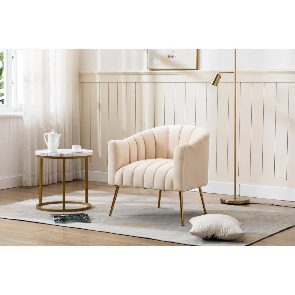 Classic Strip Beige Tufting Velvet Accent Chair Living Room Barrel Chair with Golden Metal Leg by sumyeg 11 Classic Strip Beige Tufting Velvet Accent Chair Living Room Barrel Chair with Golden Metal Leg by sumyeg - Image 9