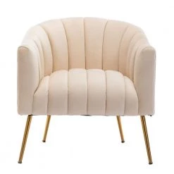Classic Strip Beige Tufting Velvet Accent Chair Living Room Barrel Chair with Golden Metal Leg by sumyeg