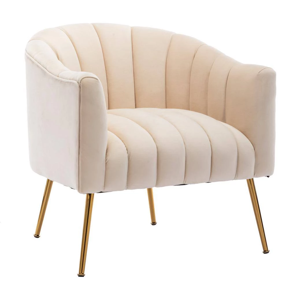 Classic Strip Beige Tufting Velvet Accent Chair Living Room Barrel Chair with Golden Metal Leg by sumyeg 7 Classic Strip Beige Tufting Velvet Accent Chair Living Room Barrel Chair with Golden Metal Leg by sumyeg - Image 5