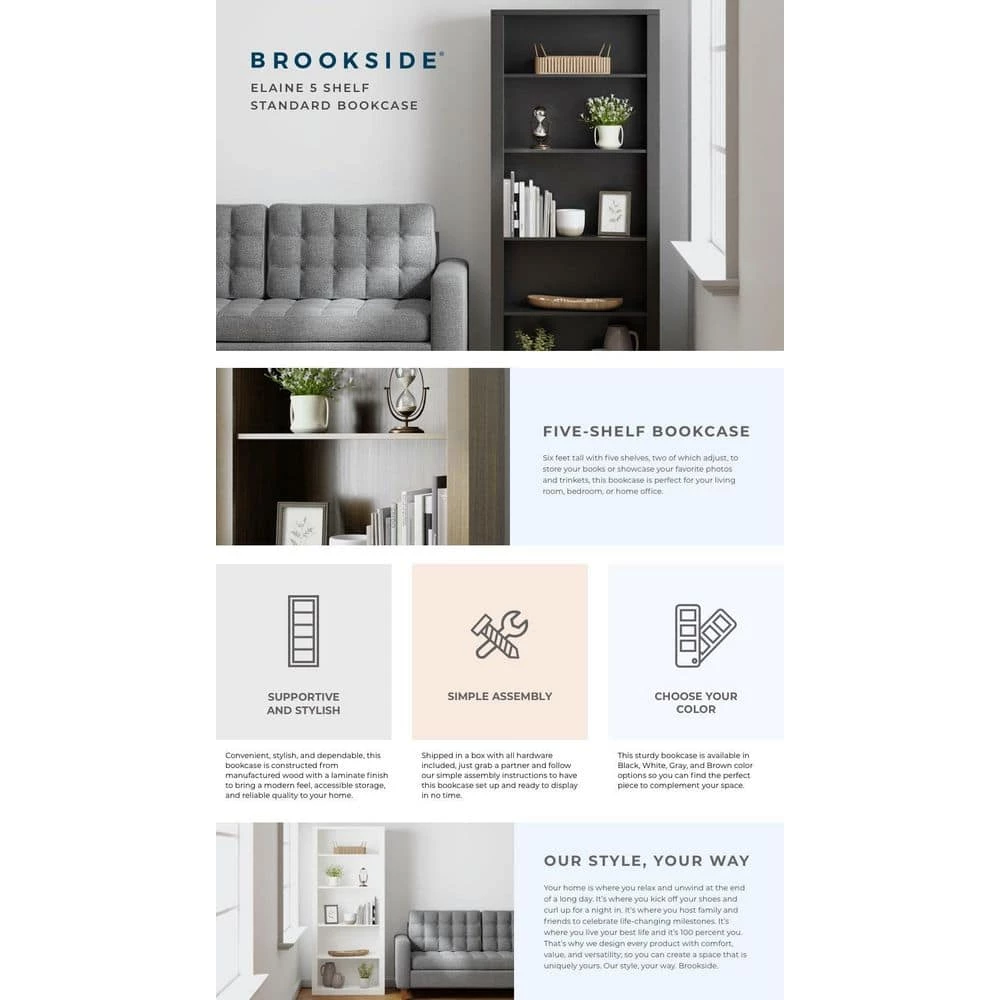 Elaine 72 in. Black Wood 5-Shelf Standard Bookcase with Adjustable Shelves by Brookside 5 Elaine 72 in. Black Wood 5-Shelf Standard Bookcase with Adjustable Shelves by Brookside - Image 3