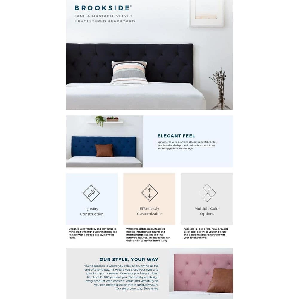 Jane Adjustable Black Velvet Upholstered Full Headboard by Brookside 5 Jane Adjustable Black Velvet Upholstered Full Headboard by Brookside - Image 3