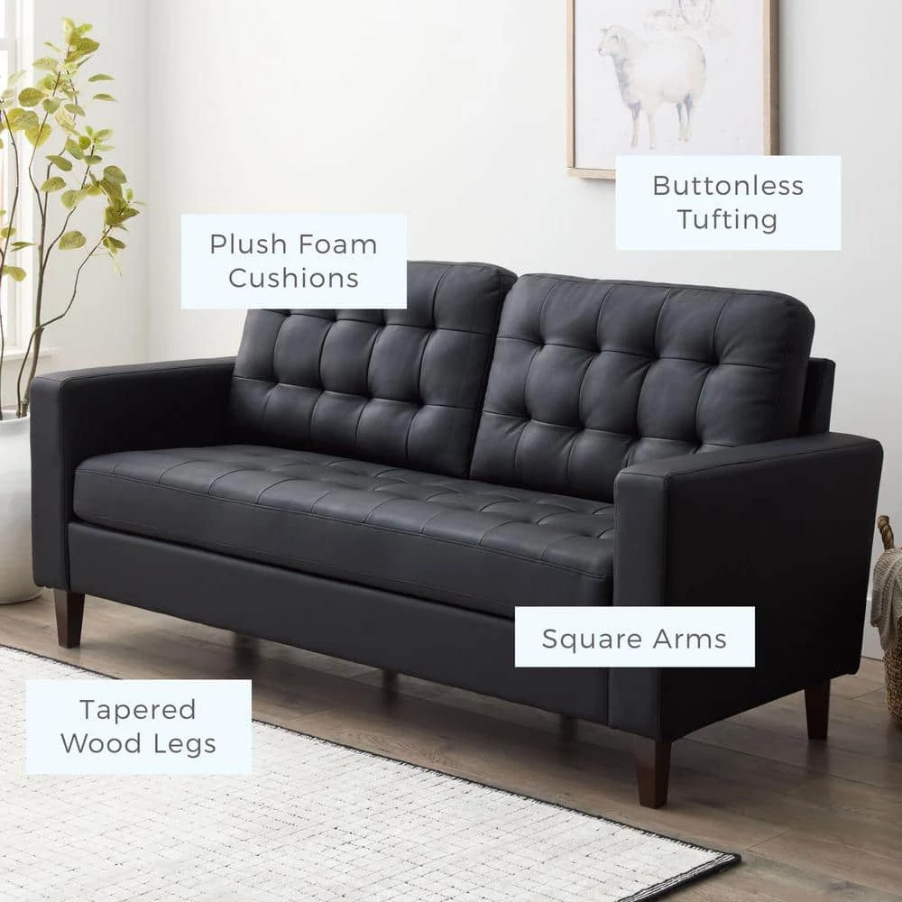 Brynn 76 in. Black Faux Leather Upholstered 3 Seat Square Arm Sofa with Removable Cushions and Buttonless Tufting by Brookside 5 Brynn 76 in. Black Faux Leather Upholstered 3 Seat Square Arm Sofa with Removable Cushions and Buttonless Tufting by Brookside - Image 3