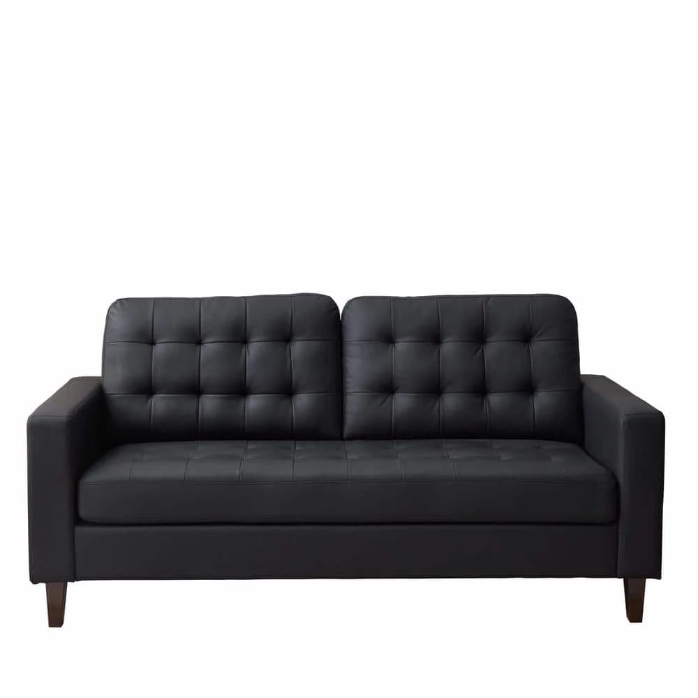 Brynn 76 in. Black Faux Leather Upholstered 3 Seat Square Arm Sofa with Removable Cushions and Buttonless Tufting by Brookside 3 Brynn 76 in. Black Faux Leather Upholstered 3 Seat Square Arm Sofa with Removable Cushions and Buttonless Tufting by Brookside