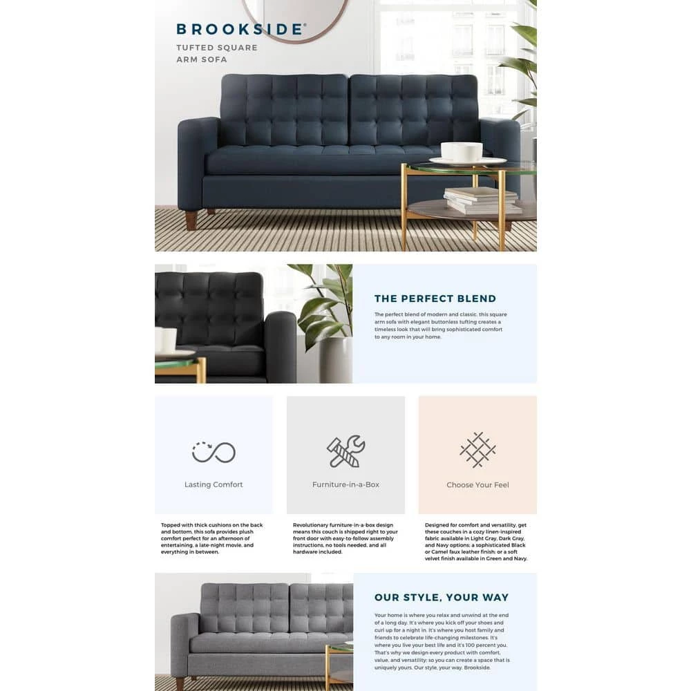 Brynn 76 in. Black Faux Leather Upholstered 3 Seat Square Arm Sofa with Removable Cushions and Buttonless Tufting by Brookside 8 Brynn 76 in. Black Faux Leather Upholstered 3 Seat Square Arm Sofa with Removable Cushions and Buttonless Tufting by Brookside - Image 6