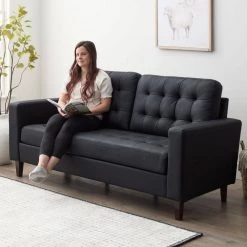 Brynn 76 in. Black Faux Leather Upholstered 3 Seat Square Arm Sofa with Removable Cushions and Buttonless Tufting by Brookside 18 Brynn 76 in. Black Faux Leather Upholstered 3 Seat Square Arm Sofa with Removable Cushions and Buttonless Tufting by Brookside -Cheap sumyeg Store black brookside sofas couches bs0005sof00fk 77 1000