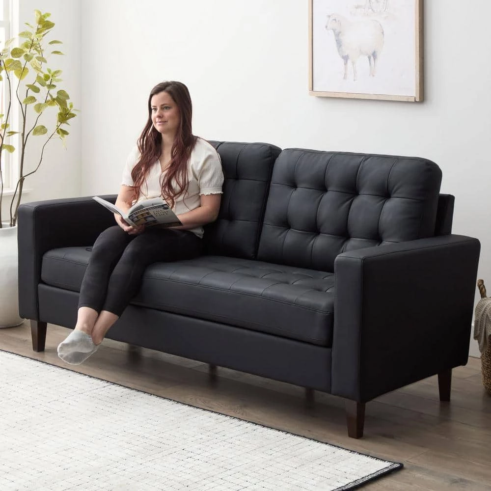 Brynn 76 in. Black Faux Leather Upholstered 3 Seat Square Arm Sofa with Removable Cushions and Buttonless Tufting by Brookside 9 Brynn 76 in. Black Faux Leather Upholstered 3 Seat Square Arm Sofa with Removable Cushions and Buttonless Tufting by Brookside - Image 7