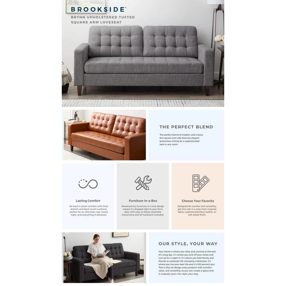 Brynn 76 in. Black Faux Leather Upholstered 3 Seat Square Arm Sofa with Removable Cushions and Buttonless Tufting by Brookside 10 Brynn 76 in. Black Faux Leather Upholstered 3 Seat Square Arm Sofa with Removable Cushions and Buttonless Tufting by Brookside - Image 8