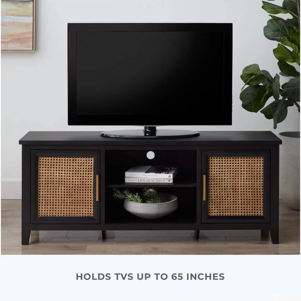 Bridget 60 in. Quick Assembly Black Wood TV Stand with Natural Cane-Doors Fits TV's up to 65 in. With Cable Management by Brookside 7 Bridget 60 in. Quick Assembly Black Wood TV Stand with Natural Cane-Doors Fits TV's up to 65 in. With Cable Management by Brookside - Image 5