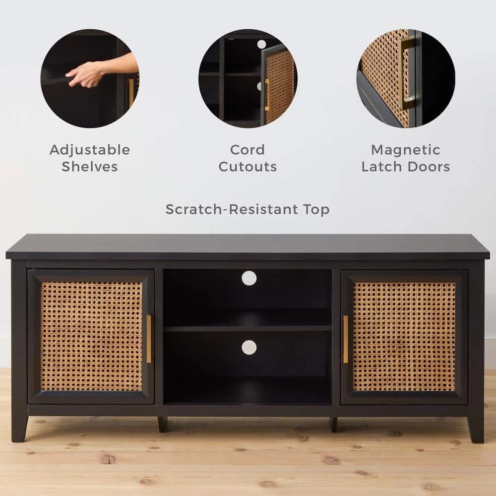 Bridget 60 in. Quick Assembly Black Wood TV Stand with Natural Cane-Doors Fits TV's up to 65 in. With Cable Management by Brookside 5 Bridget 60 in. Quick Assembly Black Wood TV Stand with Natural Cane-Doors Fits TV's up to 65 in. With Cable Management by Brookside - Image 3
