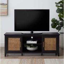 Bridget 60 in. Quick Assembly Black Wood TV Stand with Natural Cane-Doors Fits TV's up to 65 in. With Cable Management by Brookside
