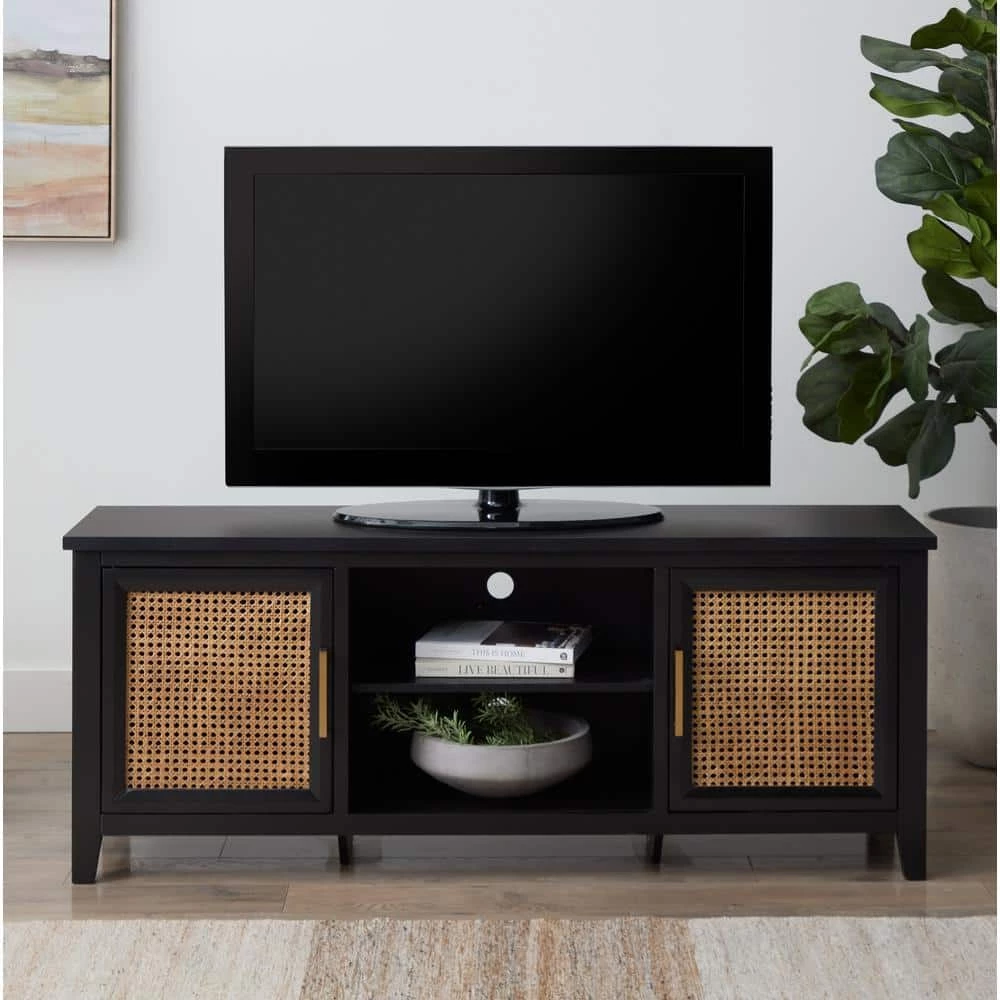 Bridget 60 in. Quick Assembly Black Wood TV Stand with Natural Cane-Doors Fits TV's up to 65 in. With Cable Management by Brookside 3 Bridget 60 in. Quick Assembly Black Wood TV Stand with Natural Cane-Doors Fits TV's up to 65 in. With Cable Management by Brookside