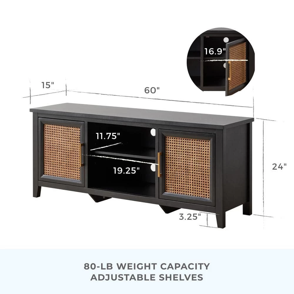 Bridget 60 in. Quick Assembly Black Wood TV Stand with Natural Cane-Doors Fits TV's up to 65 in. With Cable Management by Brookside 6 Bridget 60 in. Quick Assembly Black Wood TV Stand with Natural Cane-Doors Fits TV's up to 65 in. With Cable Management by Brookside - Image 4