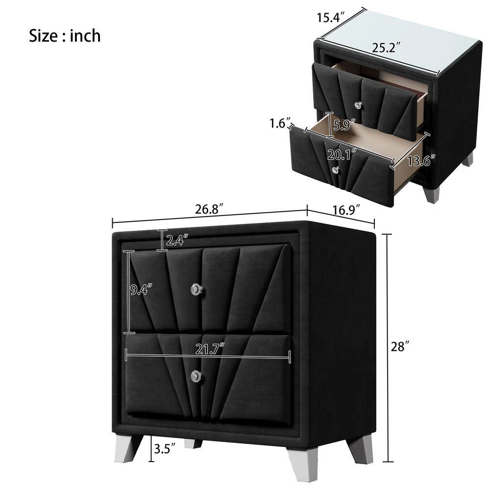 3-Pieces Black Full Bedroom Set Velvet Upholstered Bed and 2 Nightstand by Polibi 5 3-Pieces Black Full Bedroom Set Velvet Upholstered Bed and 2 Nightstand by Polibi - Image 3