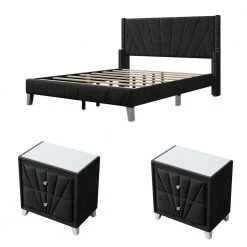 3-Pieces Black Full Bedroom Set Velvet Upholstered Bed and 2 Nightstand by Polibi