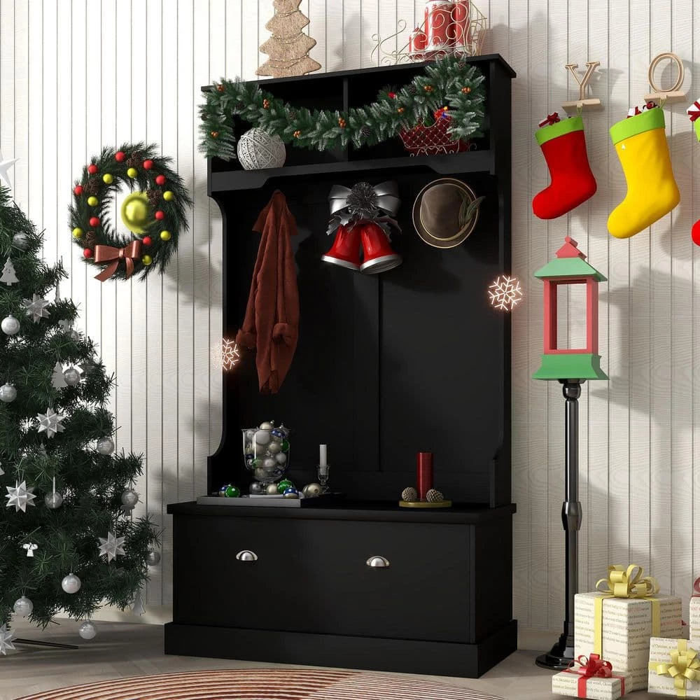 Black Hall Tree with Coat Hanger, Storage Bench for Livingroom, Hallway by Polibi 4 Black Hall Tree with Coat Hanger, Storage Bench for Livingroom, Hallway by Polibi - Image 2