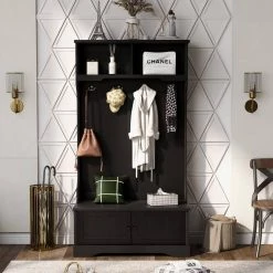 Hall Tree Entryway Bench in Black with Shelves Cabinet and 4 Hooks by Polibi 19 Hall Tree Entryway Bench in Black with Shelves Cabinet and 4 Hooks by Polibi -Cheap sumyeg Store black polibi hall trees rs htebsc b 31 1000