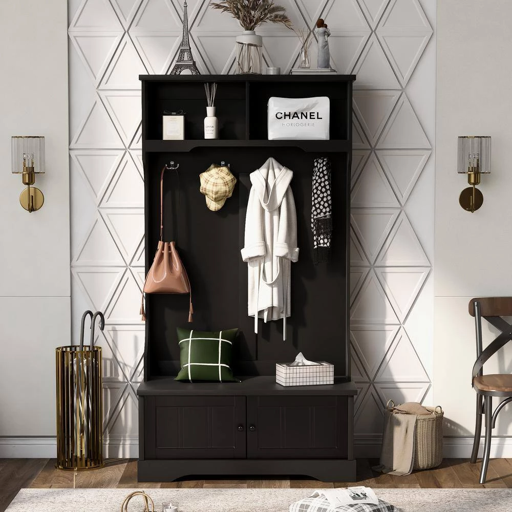 Hall Tree Entryway Bench in Black with Shelves Cabinet and 4 Hooks by Polibi 11 Hall Tree Entryway Bench in Black with Shelves Cabinet and 4 Hooks by Polibi - Image 9