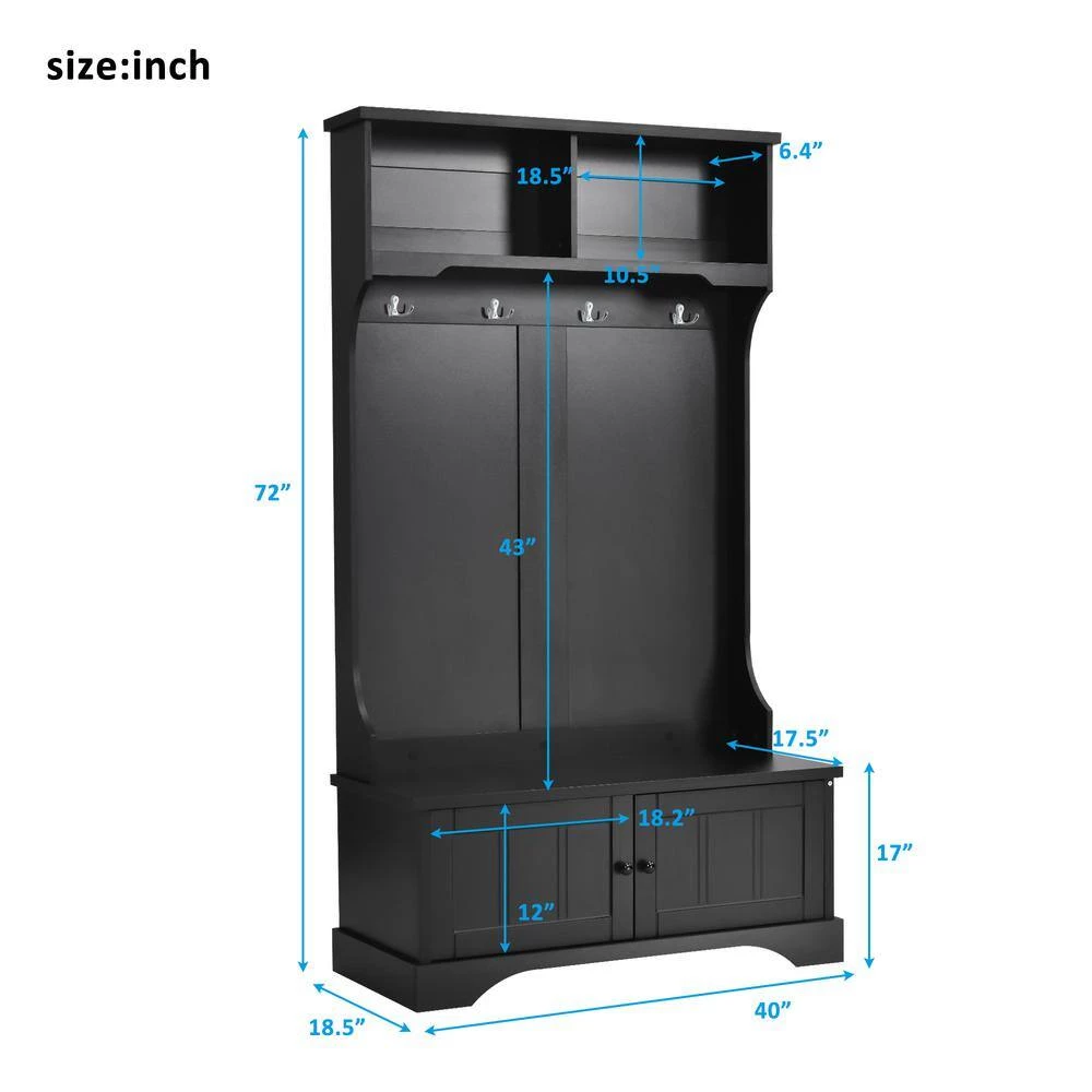 Hall Tree Entryway Bench in Black with Shelves Cabinet and 4 Hooks by Polibi 5 Hall Tree Entryway Bench in Black with Shelves Cabinet and 4 Hooks by Polibi - Image 3