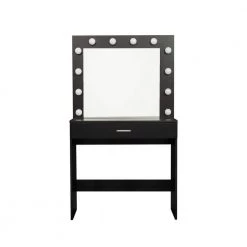 31.5 x 15.75 x 55.12 in. Black Bedroom LED Makeup Dressing Table Vanity Table Set with Mirror and Stool by sumyeg