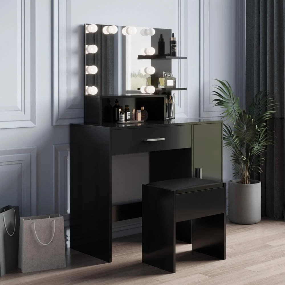 35.43 x 15.75 x 52.76 in. Black Rectangular Makeup Table Stool Set Dressing Table with Mirror and-Drawer by sumyeg 16 35.43 x 15.75 x 52.76 in. Black Rectangular Makeup Table Stool Set Dressing Table with Mirror and-Drawer by sumyeg - Image 14