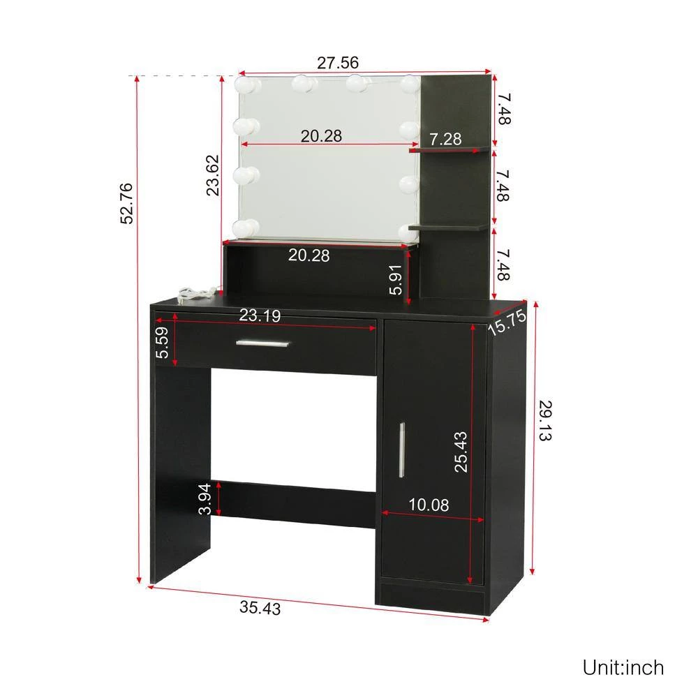 35.43 x 15.75 x 52.76 in. Black Rectangular Makeup Table Stool Set Dressing Table with Mirror and-Drawer by sumyeg 13 35.43 x 15.75 x 52.76 in. Black Rectangular Makeup Table Stool Set Dressing Table with Mirror and-Drawer by sumyeg - Image 11