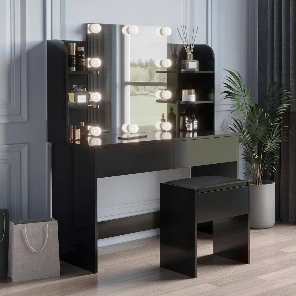 42.52 x 15.75 x 52.76 in. Rectangular Black LED Furniture Dressing Table Makeup Table Stool Set with Mirror and-Drawers by sumyeg 12 42.52 x 15.75 x 52.76 in. Rectangular Black LED Furniture Dressing Table Makeup Table Stool Set with Mirror and-Drawers by sumyeg - Image 10