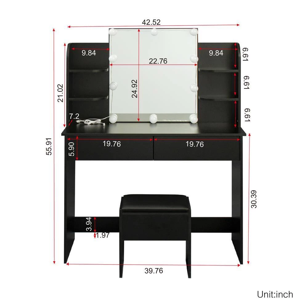 42.52 x 15.75 x 52.76 in. Rectangular Black LED Furniture Dressing Table Makeup Table Stool Set with Mirror and-Drawers by sumyeg 10 42.52 x 15.75 x 52.76 in. Rectangular Black LED Furniture Dressing Table Makeup Table Stool Set with Mirror and-Drawers by sumyeg - Image 8