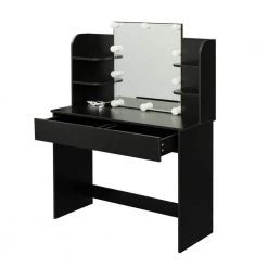 42.52 x 15.75 x 52.76 in. Rectangular Black LED Furniture Dressing Table Makeup Table Stool Set with Mirror and-Drawers by sumyeg