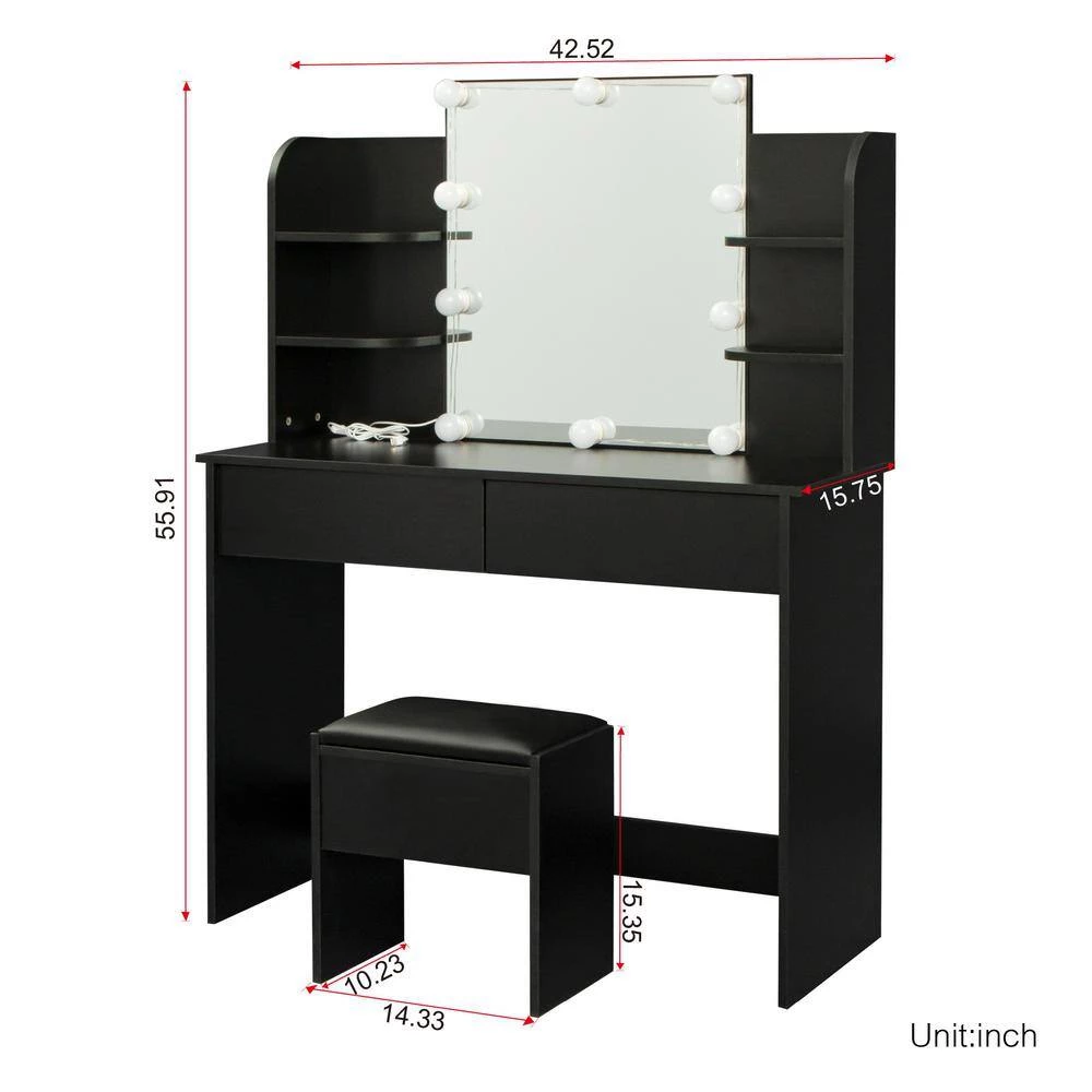 42.52 x 15.75 x 52.76 in. Rectangular Black LED Furniture Dressing Table Makeup Table Stool Set with Mirror and-Drawers by sumyeg 11 42.52 x 15.75 x 52.76 in. Rectangular Black LED Furniture Dressing Table Makeup Table Stool Set with Mirror and-Drawers by sumyeg - Image 9