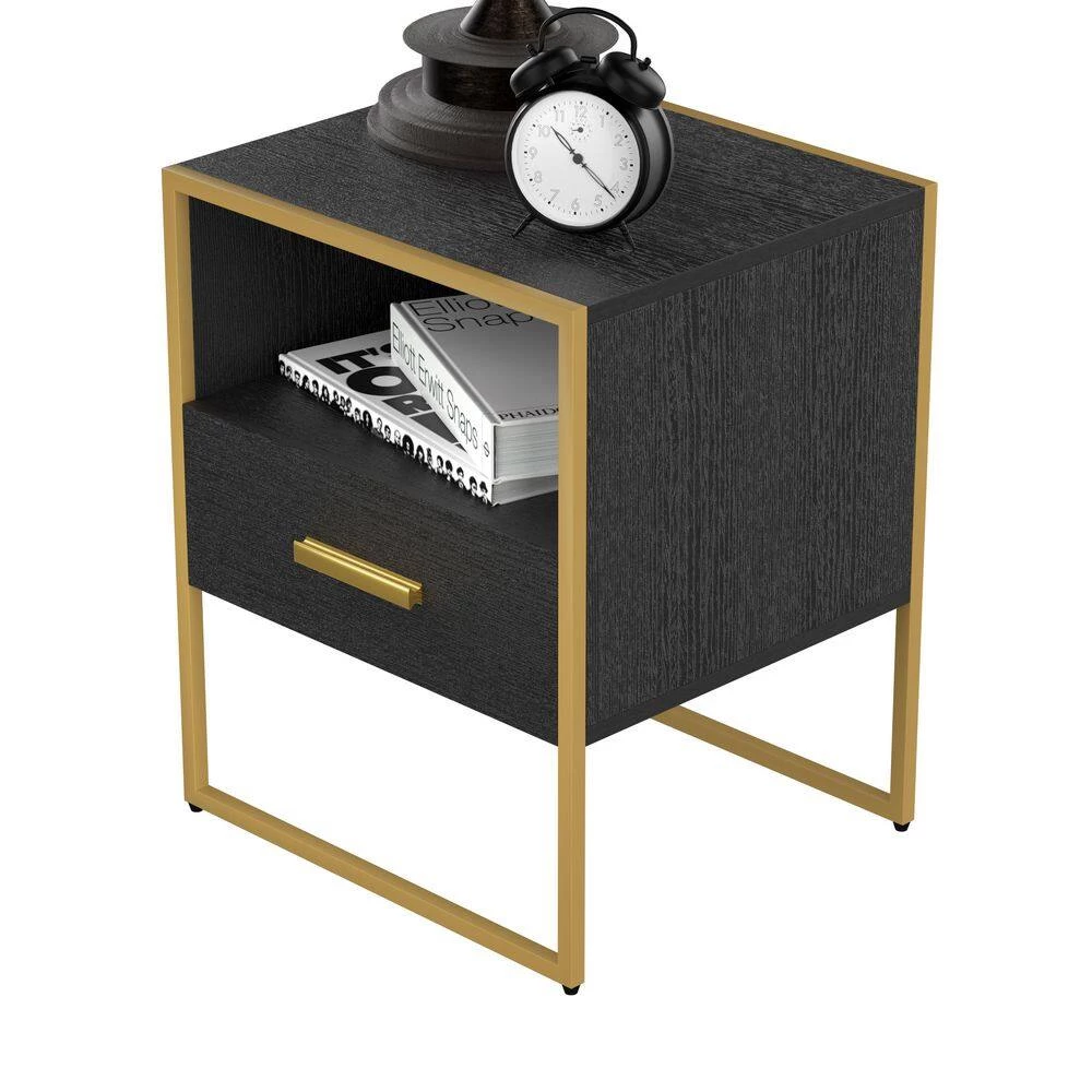 1-Drawer Gold & Black Nightstand 17.7 in. H x 17.7 in. W x 15.7 in. L Bedside Table Sofa End Table by sumyeg 7 1-Drawer Gold & Black Nightstand 17.7 in. H x 17.7 in. W x 15.7 in. L Bedside Table Sofa End Table by sumyeg - Image 5