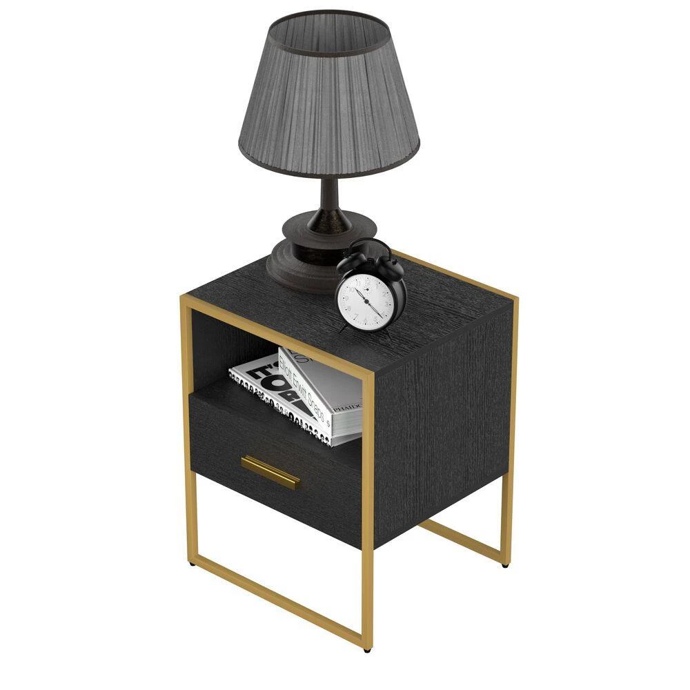 1-Drawer Gold & Black Nightstand 17.7 in. H x 17.7 in. W x 15.7 in. L Bedside Table Sofa End Table by sumyeg 5 1-Drawer Gold & Black Nightstand 17.7 in. H x 17.7 in. W x 15.7 in. L Bedside Table Sofa End Table by sumyeg - Image 3