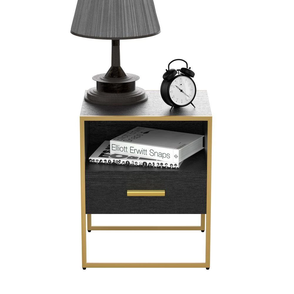 1-Drawer Gold & Black Nightstand 17.7 in. H x 17.7 in. W x 15.7 in. L Bedside Table Sofa End Table by sumyeg 4 1-Drawer Gold & Black Nightstand 17.7 in. H x 17.7 in. W x 15.7 in. L Bedside Table Sofa End Table by sumyeg - Image 2