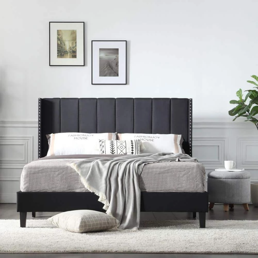 Black Wood Frame Bed Frame Queen Platform Bed with Wingback Headboard and Slats by sumyeg 9 Black Wood Frame Bed Frame Queen Platform Bed with Wingback Headboard and Slats by sumyeg - Image 7