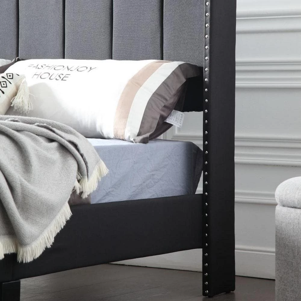 Black Wood Frame Bed Frame Queen Platform Bed with Wingback Headboard and Slats by sumyeg 6 Black Wood Frame Bed Frame Queen Platform Bed with Wingback Headboard and Slats by sumyeg - Image 4