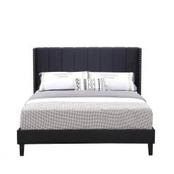 Black Wood Frame Bed Frame Queen Platform Bed with Wingback Headboard and Slats by sumyeg