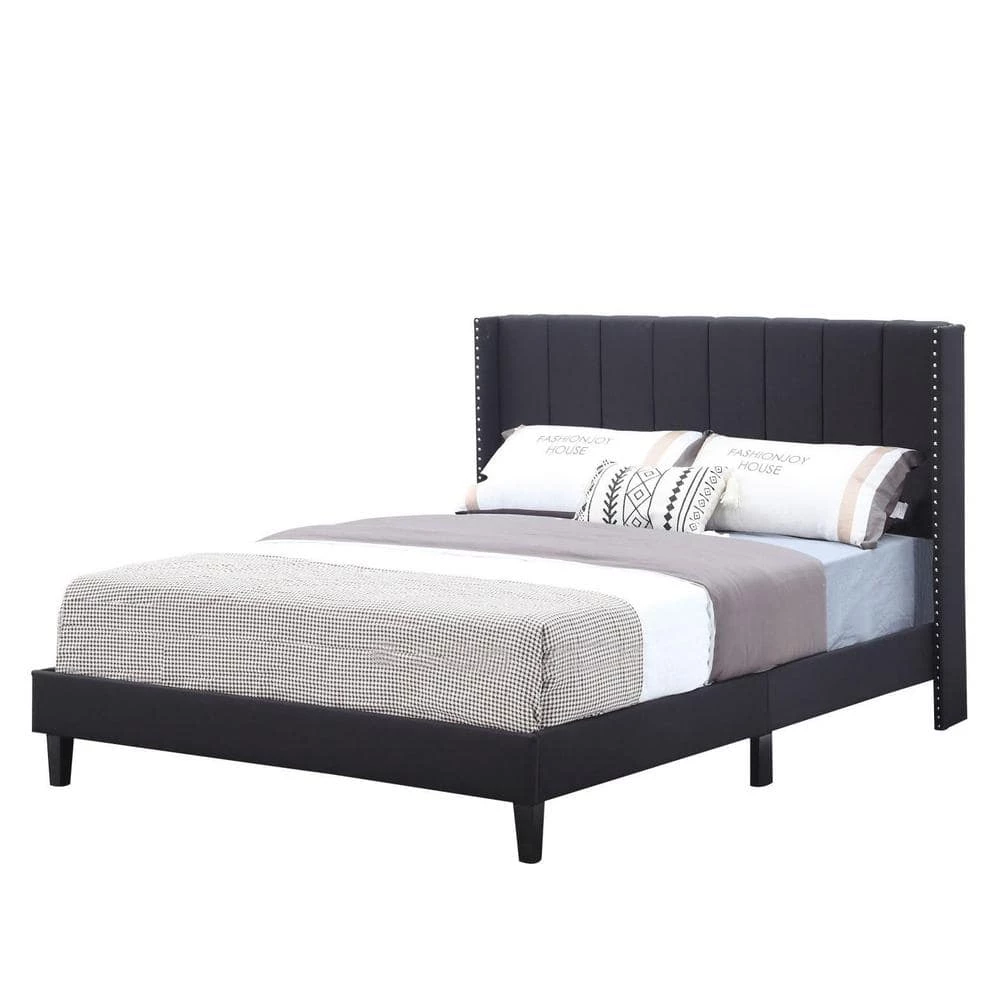 Black Wood Frame Bed Frame Queen Platform Bed with Wingback Headboard and Slats by sumyeg 5 Black Wood Frame Bed Frame Queen Platform Bed with Wingback Headboard and Slats by sumyeg - Image 3