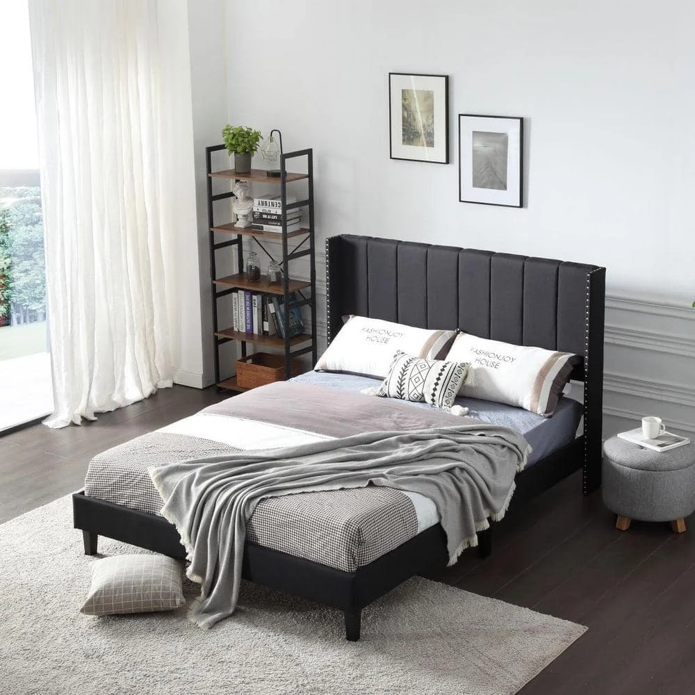 Black Wood Frame Bed Frame Queen Platform Bed with Wingback Headboard and Slats by sumyeg 4 Black Wood Frame Bed Frame Queen Platform Bed with Wingback Headboard and Slats by sumyeg - Image 2
