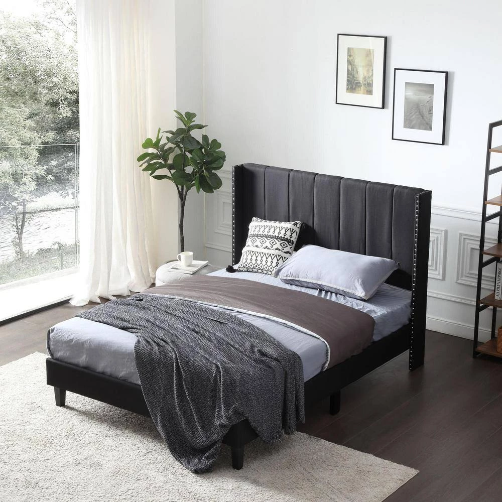 Black Wood Frame Bed Frame Full Platform Bed with Wingback Headboard and Slats by sumyeg 8 Black Wood Frame Bed Frame Full Platform Bed with Wingback Headboard and Slats by sumyeg - Image 6