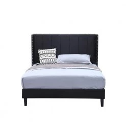 Black Wood Frame Bed Frame Full Platform Bed with Wingback Headboard and Slats by sumyeg