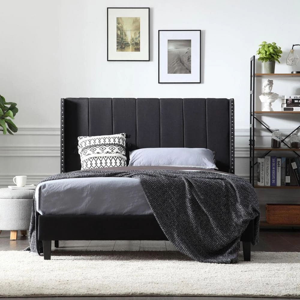 Black Wood Frame Bed Frame Full Platform Bed with Wingback Headboard and Slats by sumyeg 4 Black Wood Frame Bed Frame Full Platform Bed with Wingback Headboard and Slats by sumyeg - Image 2