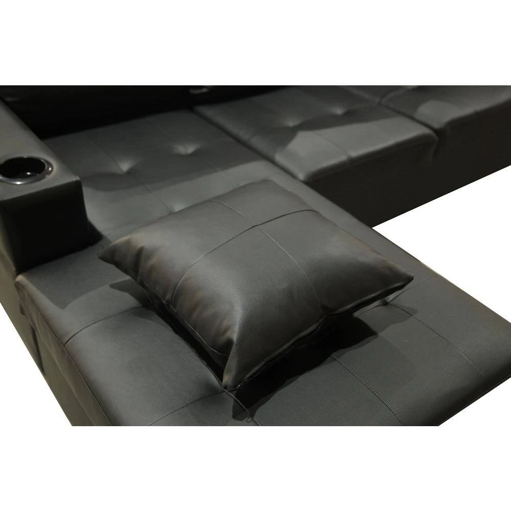 Modern 30.5 in. Leather L Shape Chaise Lounge Sectional Sofa Set in Black For Living Room With Cup Holder by sumyeg 7 Modern 30.5 in. Leather L Shape Chaise Lounge Sectional Sofa Set in Black For Living Room With Cup Holder by sumyeg - Image 5
