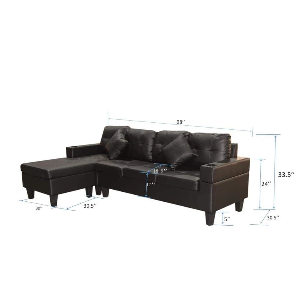 Modern 30.5 in. Leather L Shape Chaise Lounge Sectional Sofa Set in Black For Living Room With Cup Holder by sumyeg 8 Modern 30.5 in. Leather L Shape Chaise Lounge Sectional Sofa Set in Black For Living Room With Cup Holder by sumyeg - Image 6