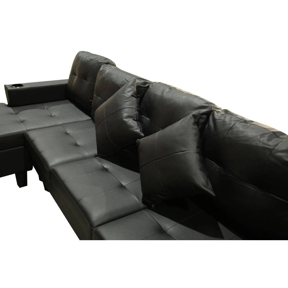 Modern 30.5 in. Leather L Shape Chaise Lounge Sectional Sofa Set in Black For Living Room With Cup Holder by sumyeg 6 Modern 30.5 in. Leather L Shape Chaise Lounge Sectional Sofa Set in Black For Living Room With Cup Holder by sumyeg - Image 4