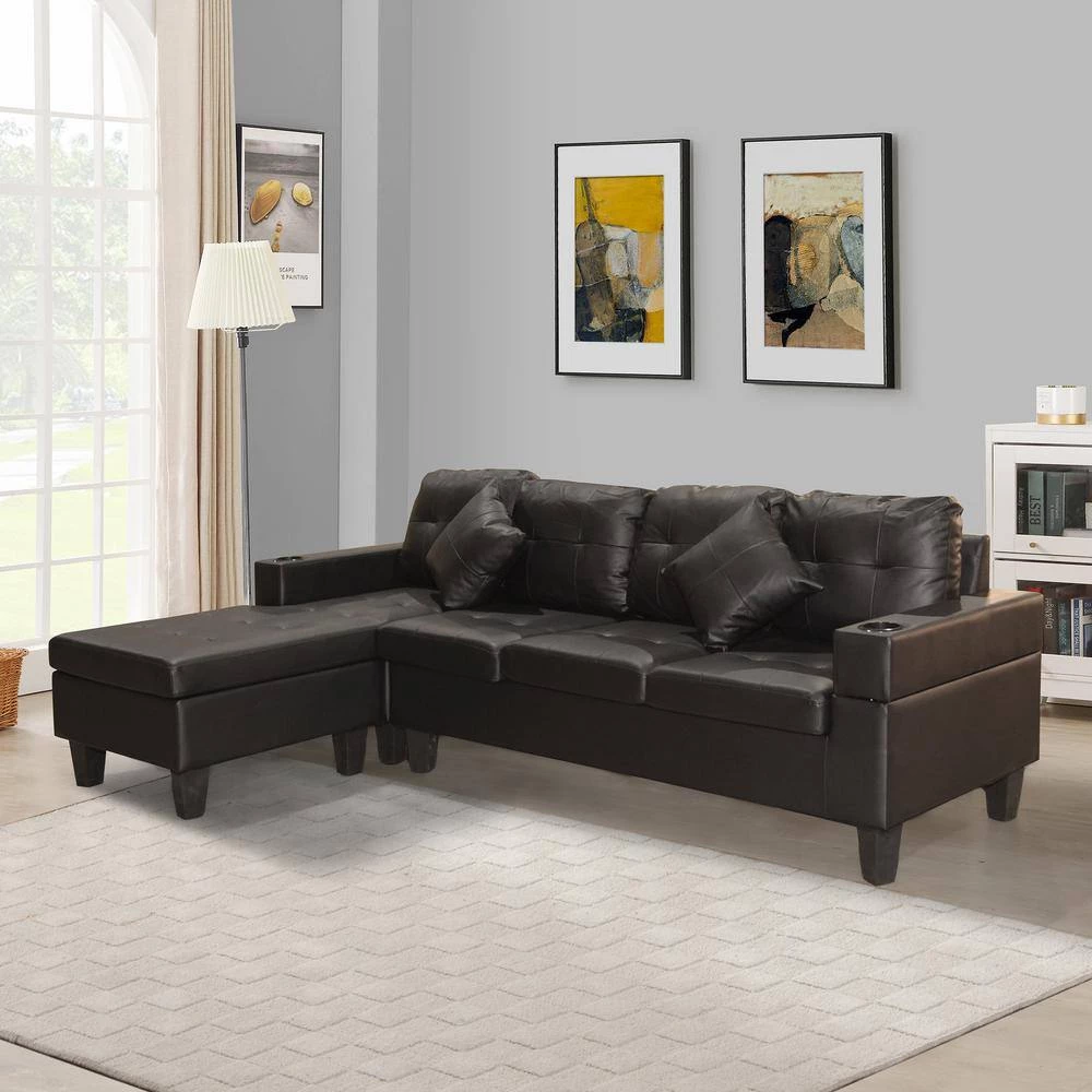 Modern 30.5 in. Leather L Shape Chaise Lounge Sectional Sofa Set in Black For Living Room With Cup Holder by sumyeg 4 Modern 30.5 in. Leather L Shape Chaise Lounge Sectional Sofa Set in Black For Living Room With Cup Holder by sumyeg - Image 2