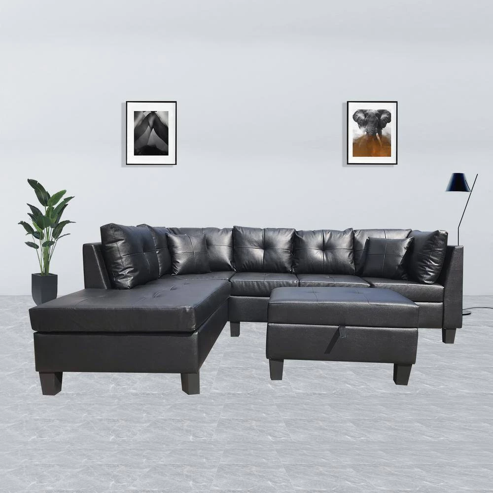79.6 in. Width 3-Piece Leather Left Facing Loveseat Sectional Sofa in Black With Throw Pillows And Ottoman by sumyeg 9 79.6 in. Width 3-Piece Leather Left Facing Loveseat Sectional Sofa in Black With Throw Pillows And Ottoman by sumyeg - Image 7