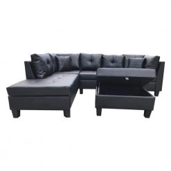 79.6 in. Width 3-Piece Leather Left Facing Loveseat Sectional Sofa in Black With Throw Pillows And Ottoman by sumyeg