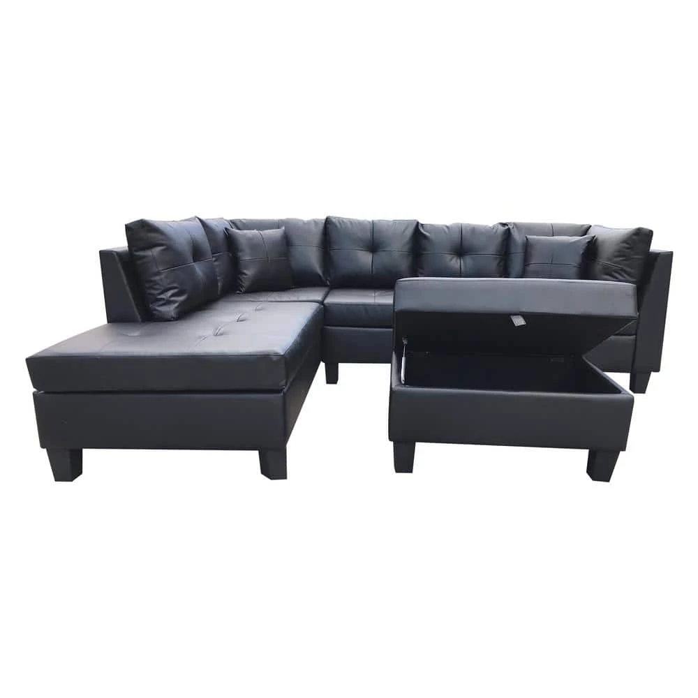 79.6 in. Width 3-Piece Leather Left Facing Loveseat Sectional Sofa in Black With Throw Pillows And Ottoman by sumyeg 3 79.6 in. Width 3-Piece Leather Left Facing Loveseat Sectional Sofa in Black With Throw Pillows And Ottoman by sumyeg